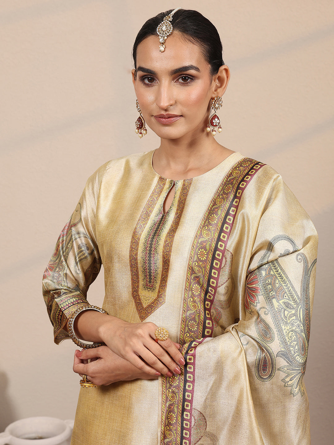 Beige Printed Silk Blend Straight Suit Set With Dupatta