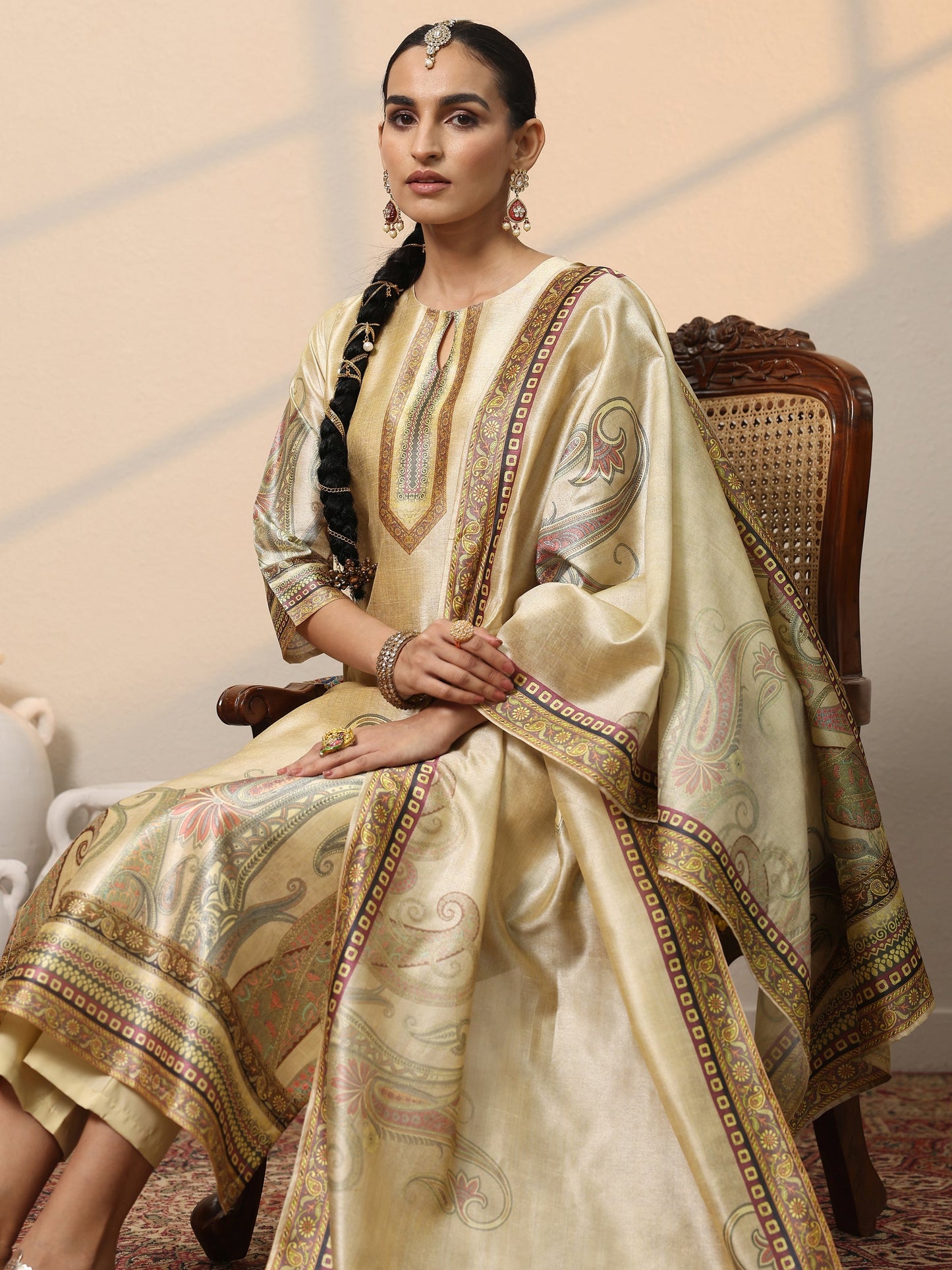 Beige Printed Silk Blend Straight Suit Set With Dupatta