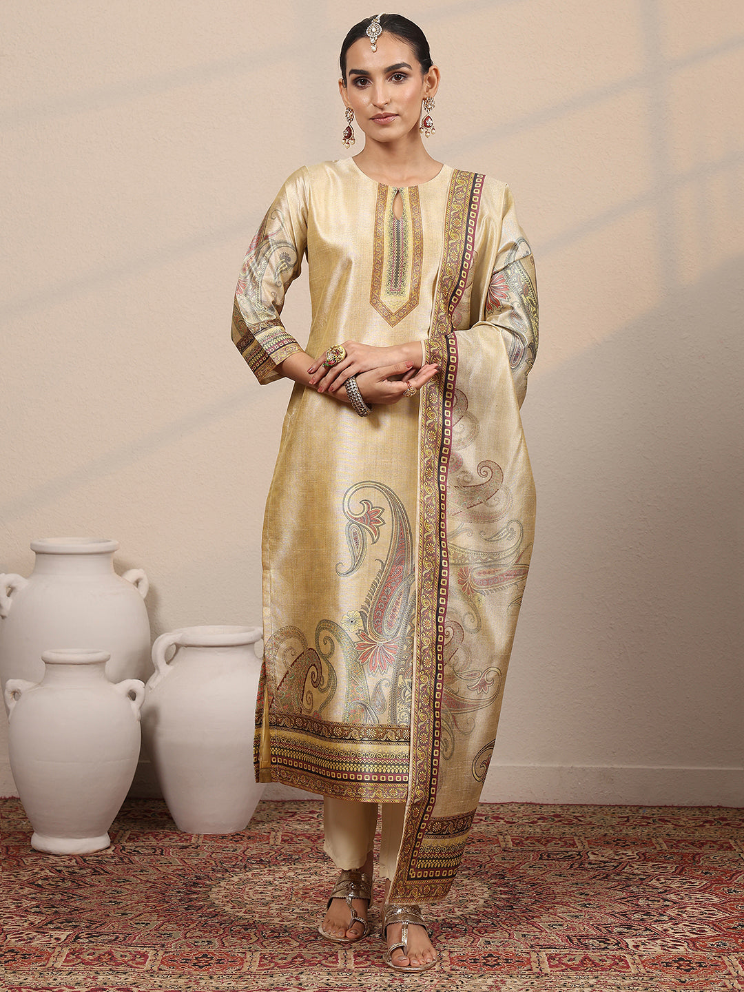 Beige Printed Silk Blend Straight Suit Set With Dupatta