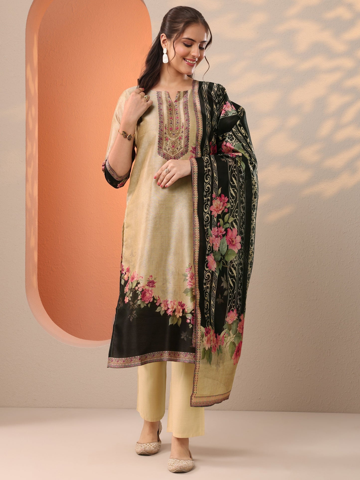 Beige Printed Silk Blend Straight Suit Set With Dupatta