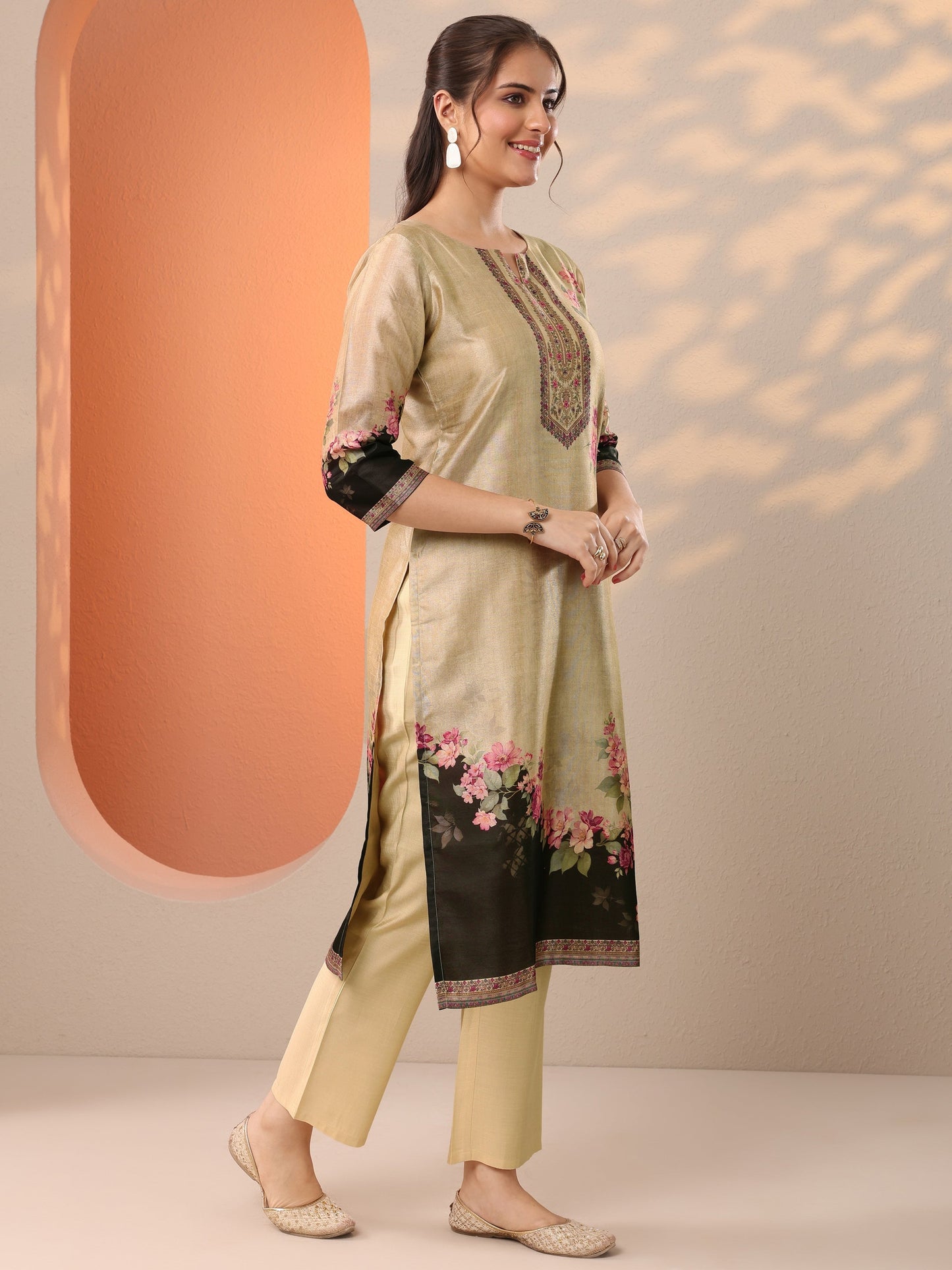 Beige Printed Silk Blend Straight Suit Set With Dupatta