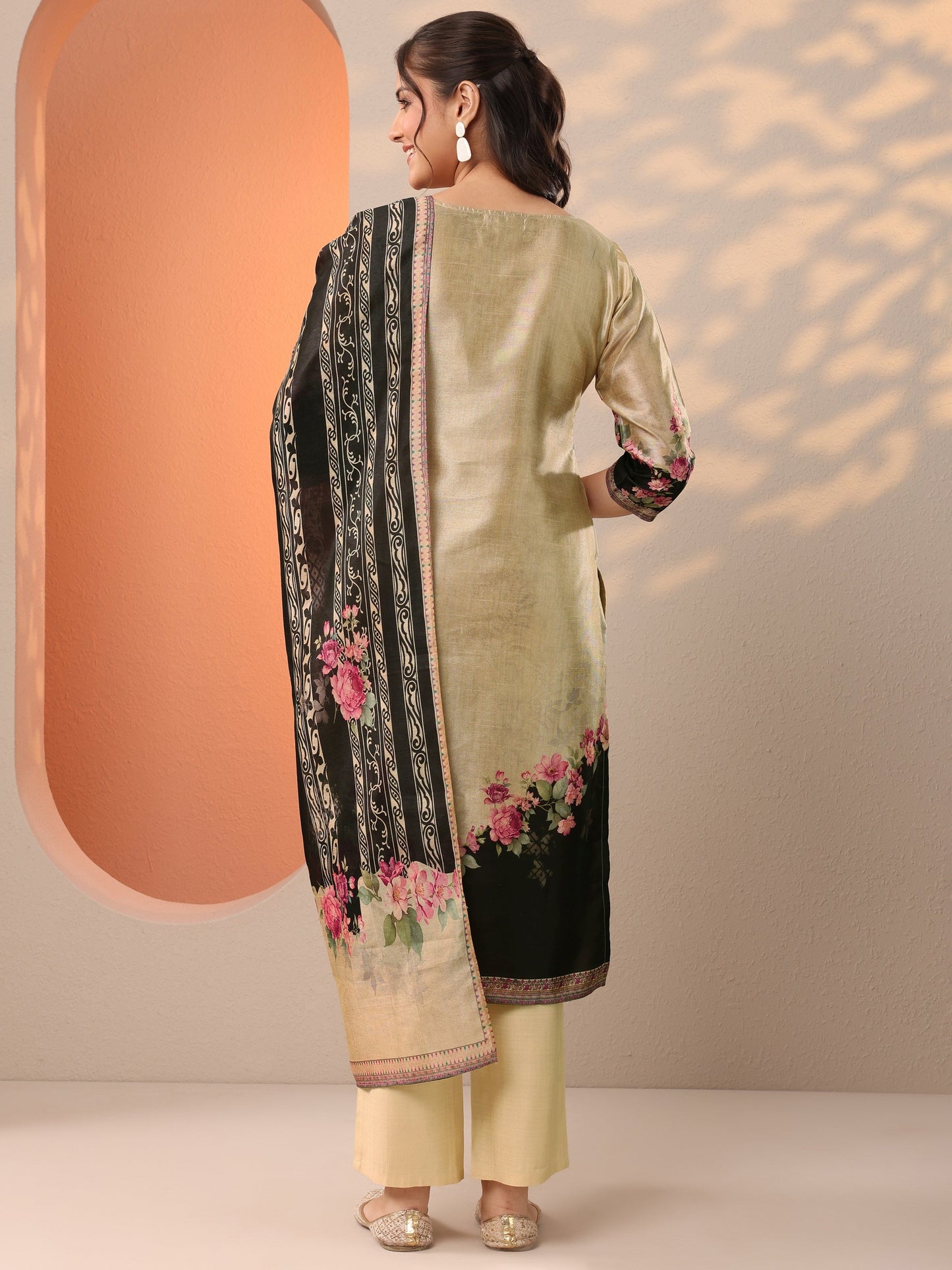 Beige Printed Silk Blend Straight Suit Set With Dupatta