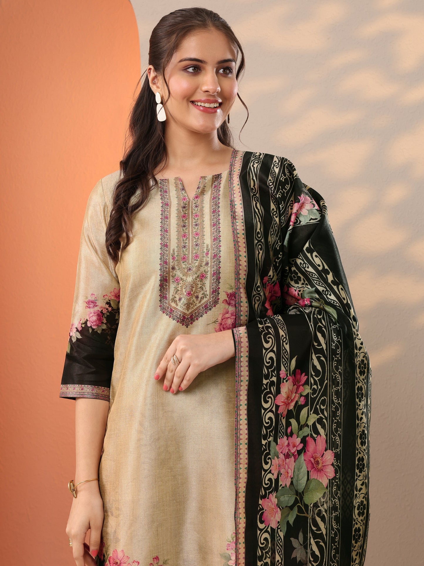Beige Printed Silk Blend Straight Suit Set With Dupatta