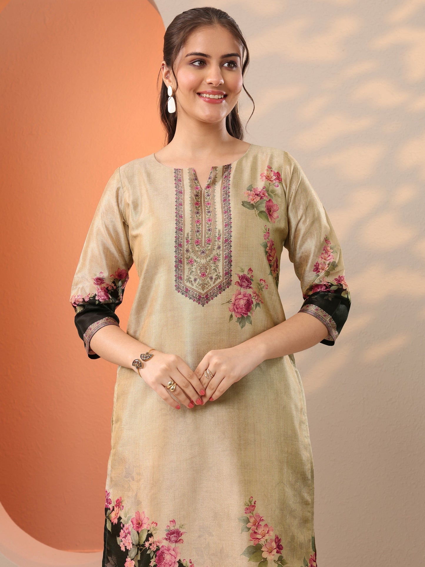 Beige Printed Silk Blend Straight Suit Set With Dupatta