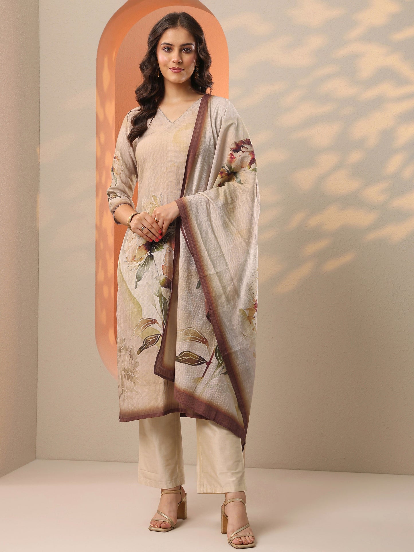 Beige Printed Silk Blend Straight Suit Set With Dupatta