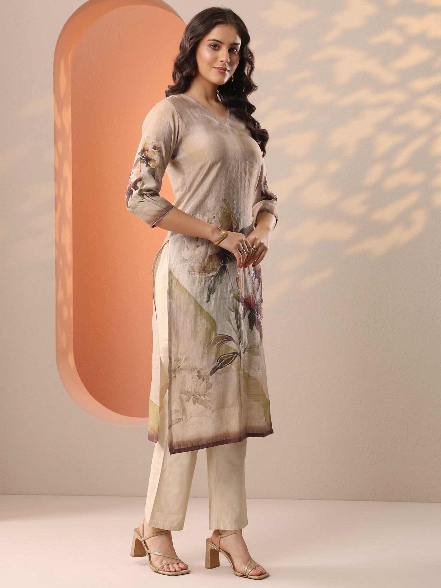 Beige Printed Silk Blend Straight Suit Set With Dupatta