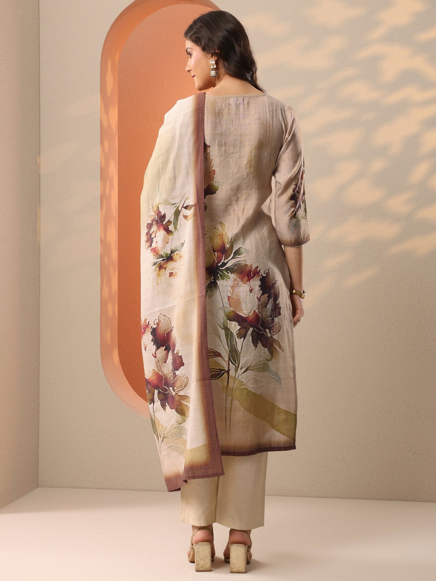 Beige Printed Silk Blend Straight Suit Set With Dupatta