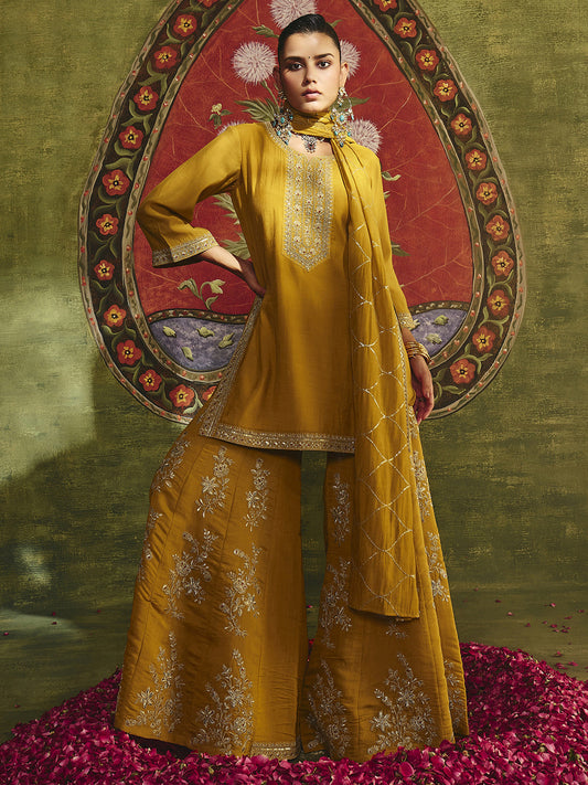 Damini Mustard Embroidered Silk Blend Straight Suit Set With Dupatta