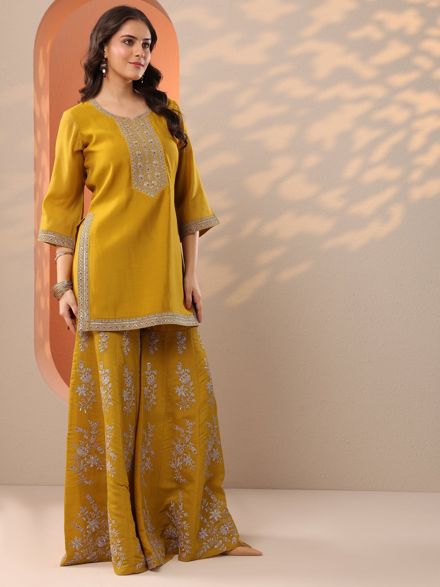 Damini Mustard Embroidered Silk Blend Straight Suit Set With Dupatta