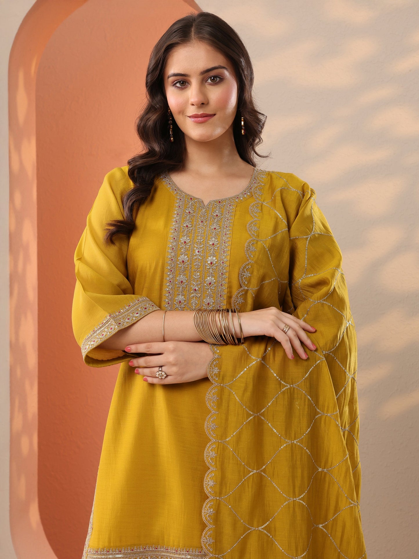 Damini Mustard Embroidered Silk Blend Straight Suit Set With Dupatta