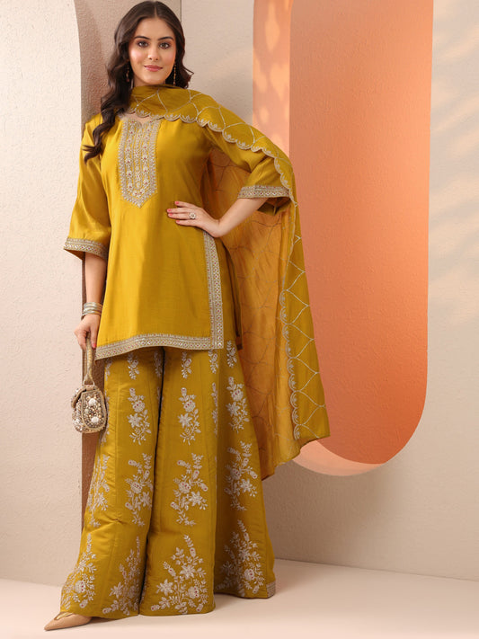 Damini Mustard Embroidered Silk Blend Straight Suit Set With Dupatta