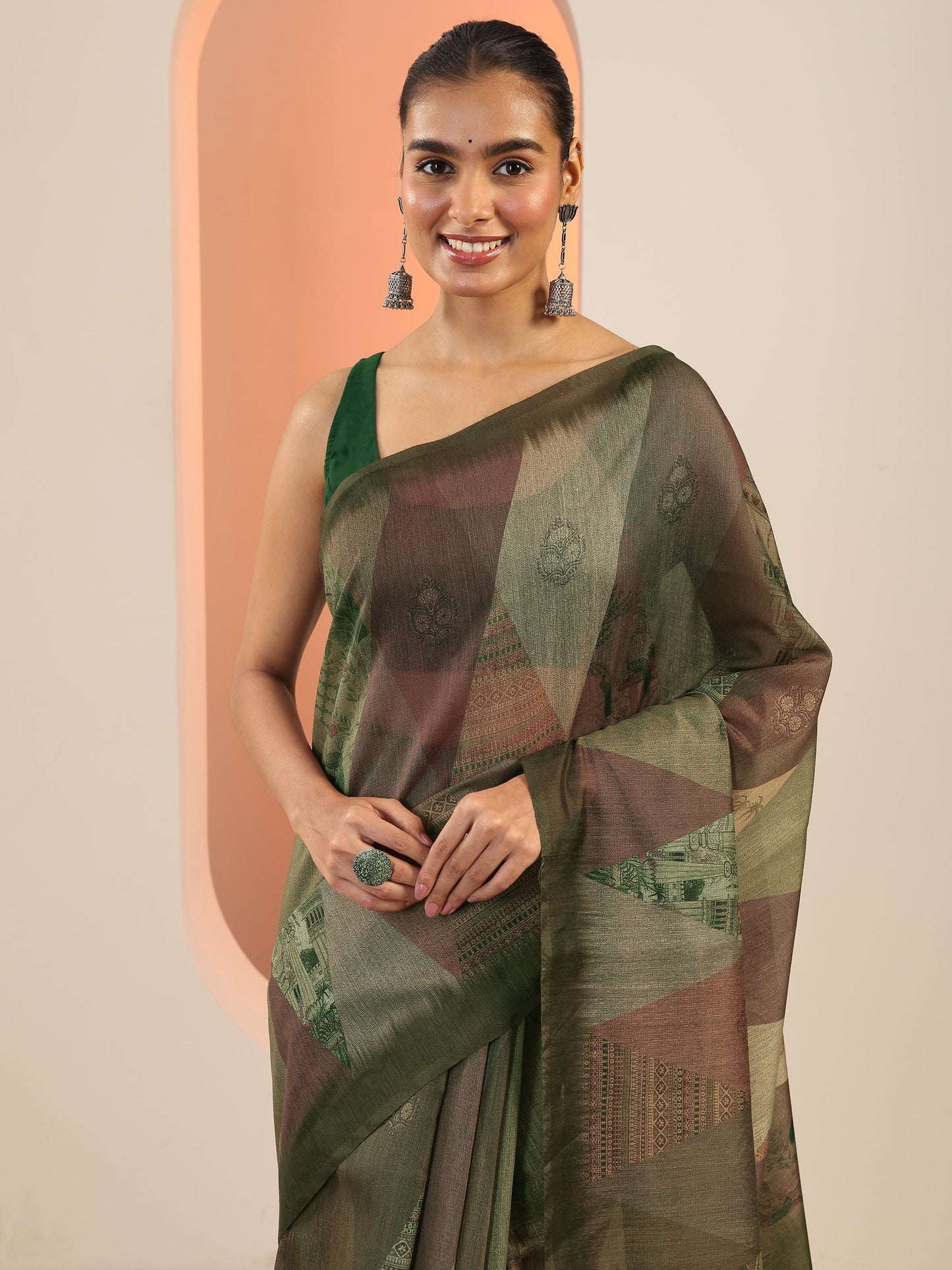 Green Printed Silk Saree With Unstitched Blouse Piece