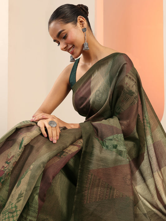 Green Printed Silk Saree With Unstitched Blouse Piece