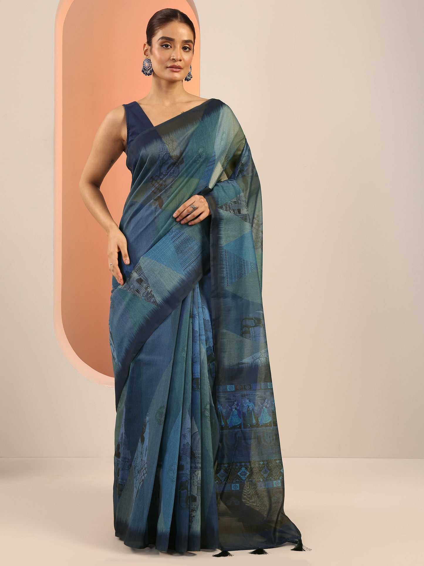 Blue Printed Silk Saree With Unstitched Blouse Piece