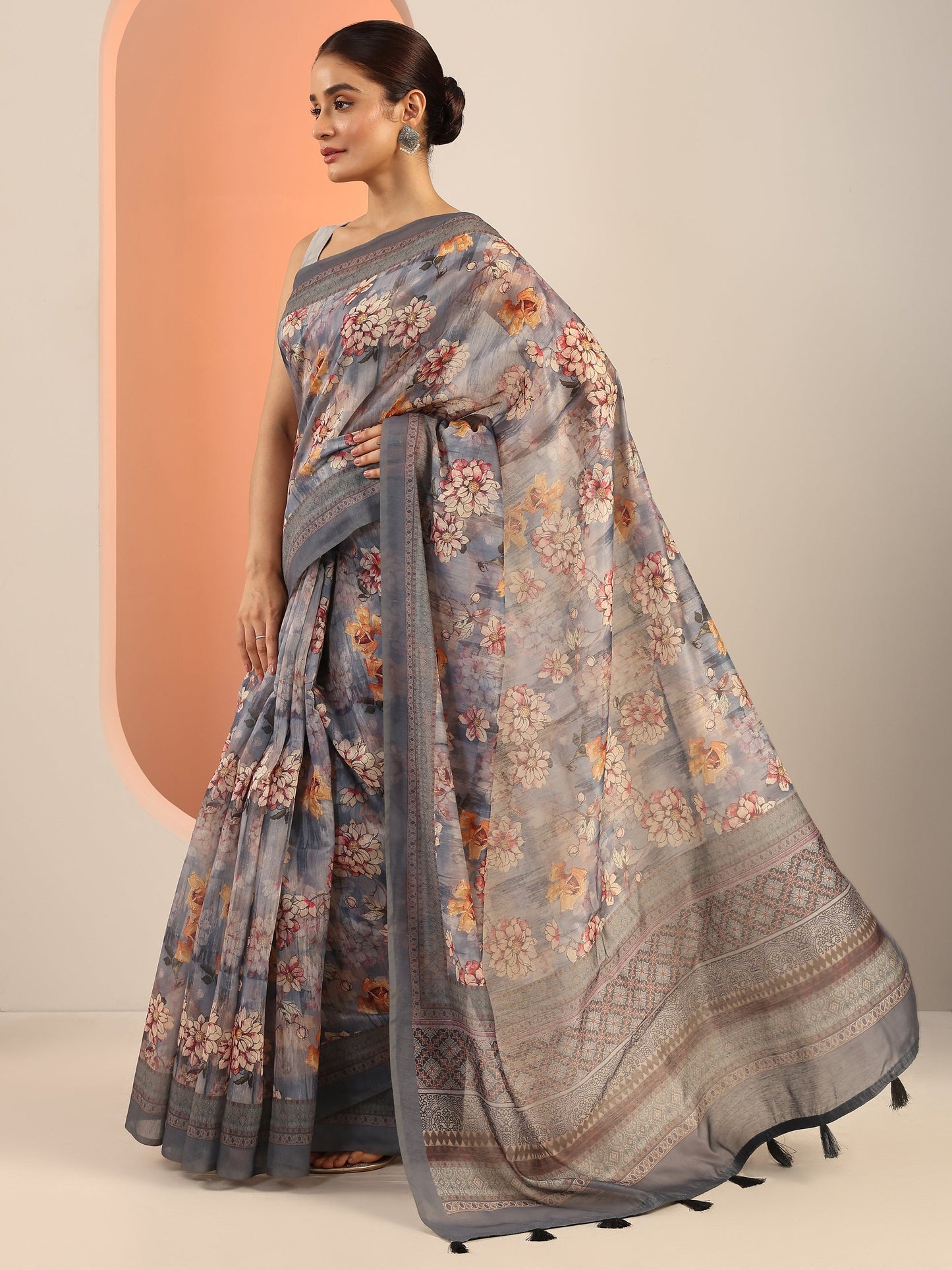 Blue Printed Silk Saree With Unstitched Blouse Piece