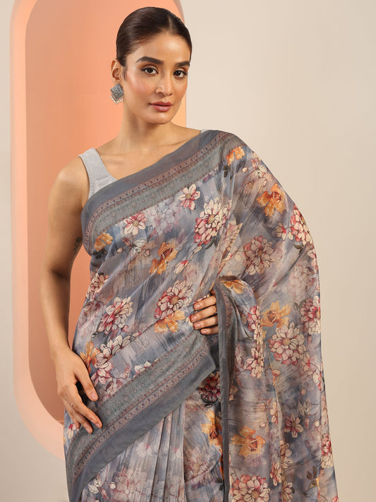 Blue Printed Silk Saree With Unstitched Blouse Piece