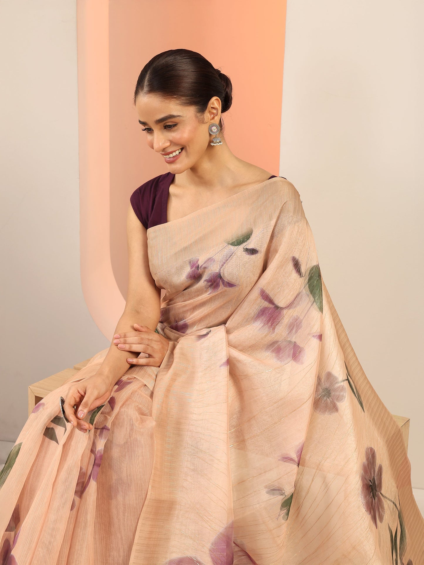 Peach Printed Silk Saree With Unstitched Blouse Piece