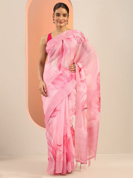 Pink Printed Silk Saree With Unstitched Blouse Piece
