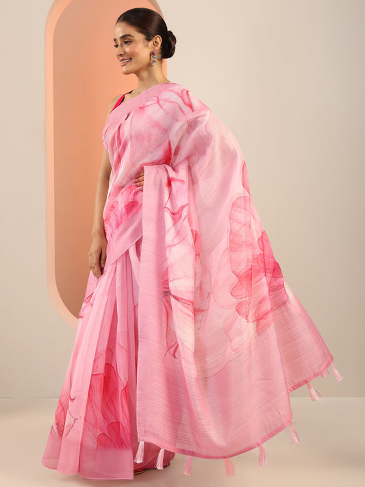 Pink Printed Silk Saree With Unstitched Blouse Piece