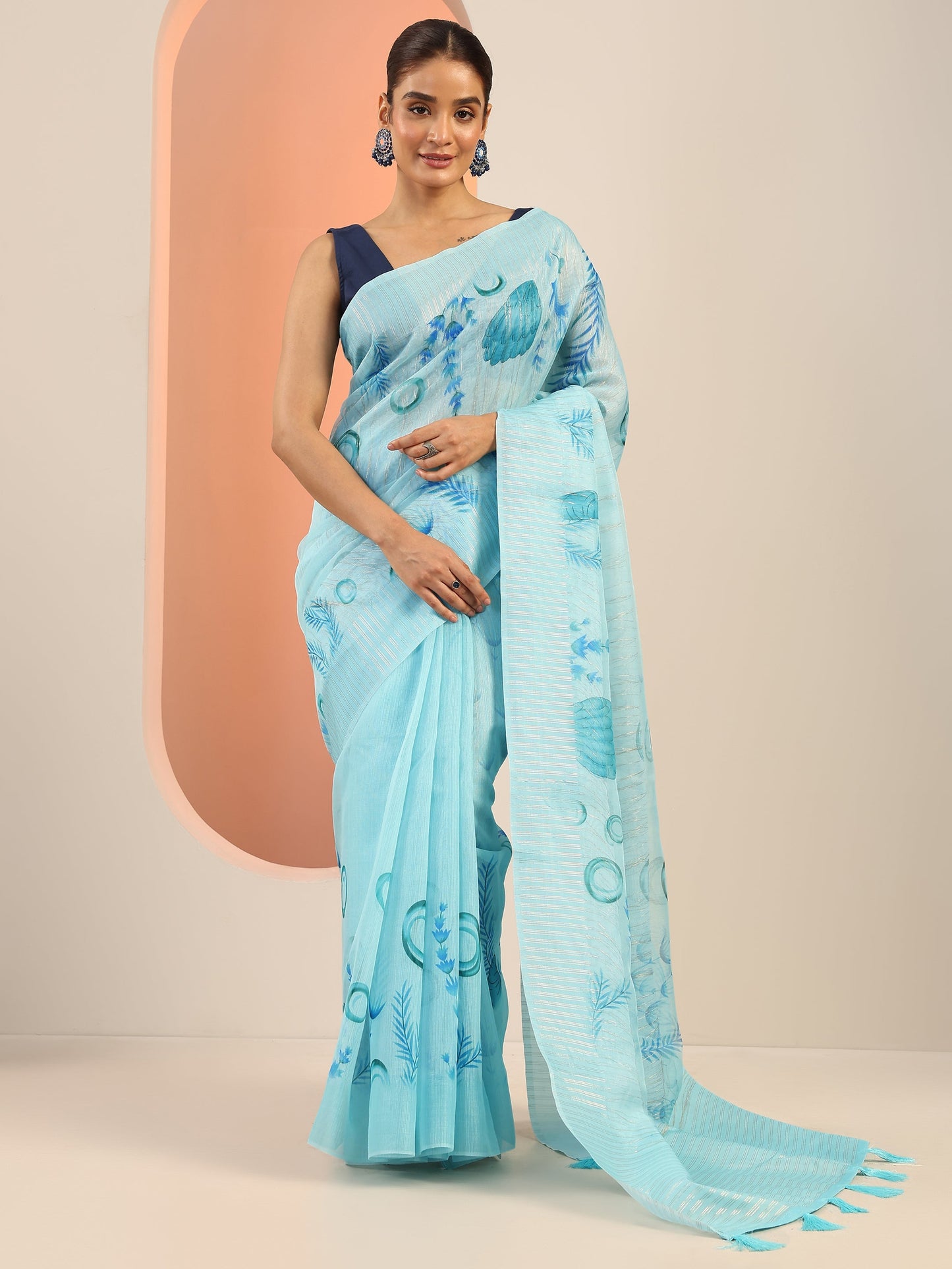 Blue Printed Organza Saree With Unstitched Blouse Piece