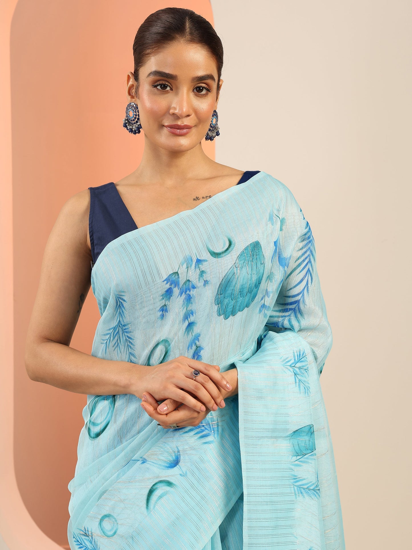 Blue Printed Organza Saree With Unstitched Blouse Piece