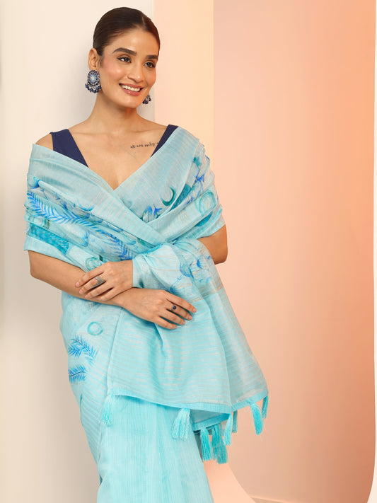 Blue Printed Organza Saree With Unstitched Blouse Piece