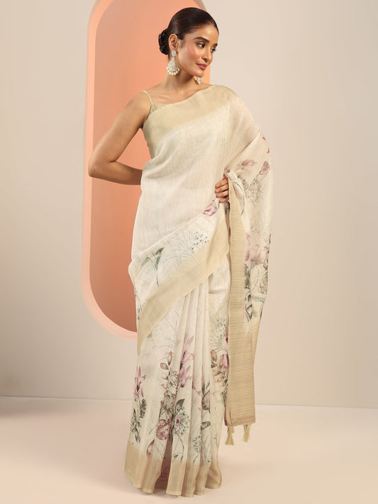Off White Printed Organza Saree With Unstitched Blouse Piece