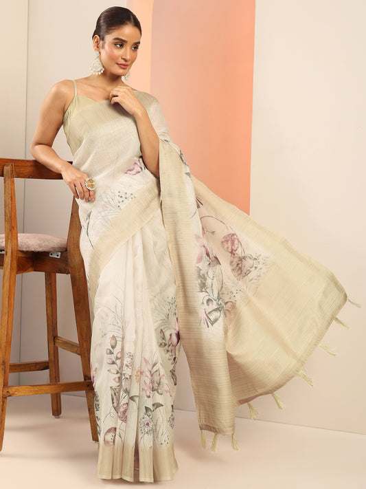 Off White Printed Organza Saree With Unstitched Blouse Piece