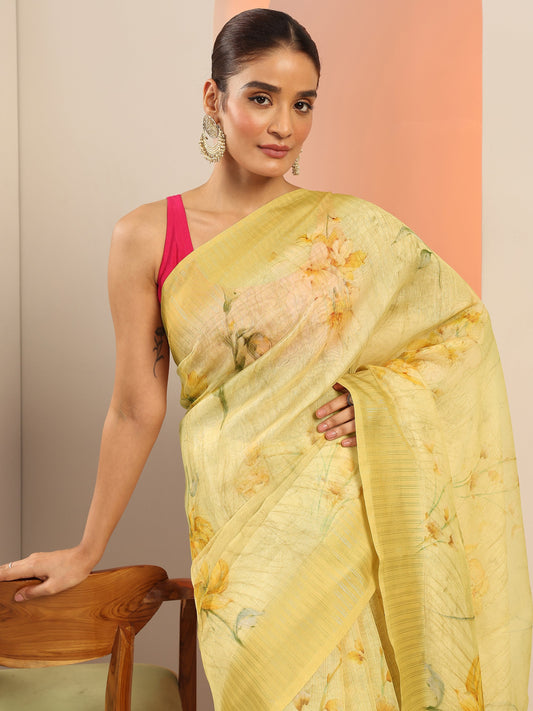 Yellow Printed Organza Saree With Unstitched Blouse Piece