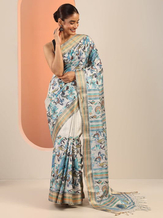 Grey Printed Silk Saree With Unstitched Blouse Piece