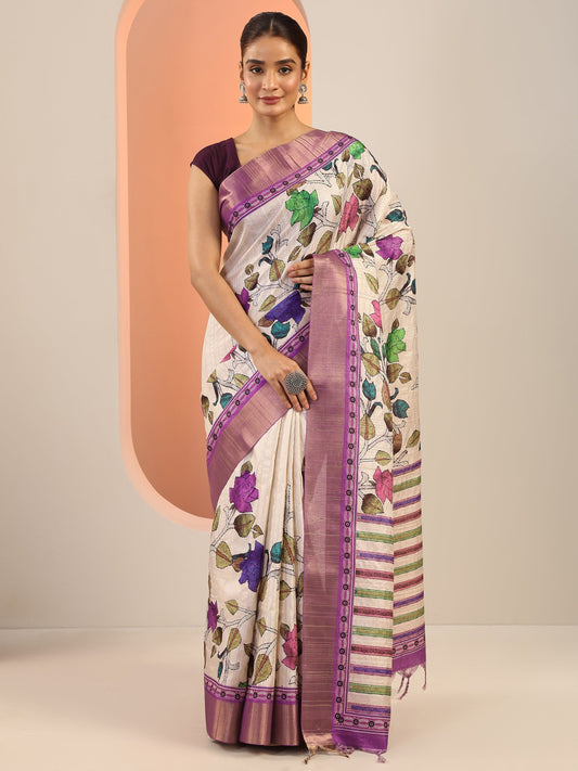 Off White Printed Silk Saree With Unstitched Blouse Piece