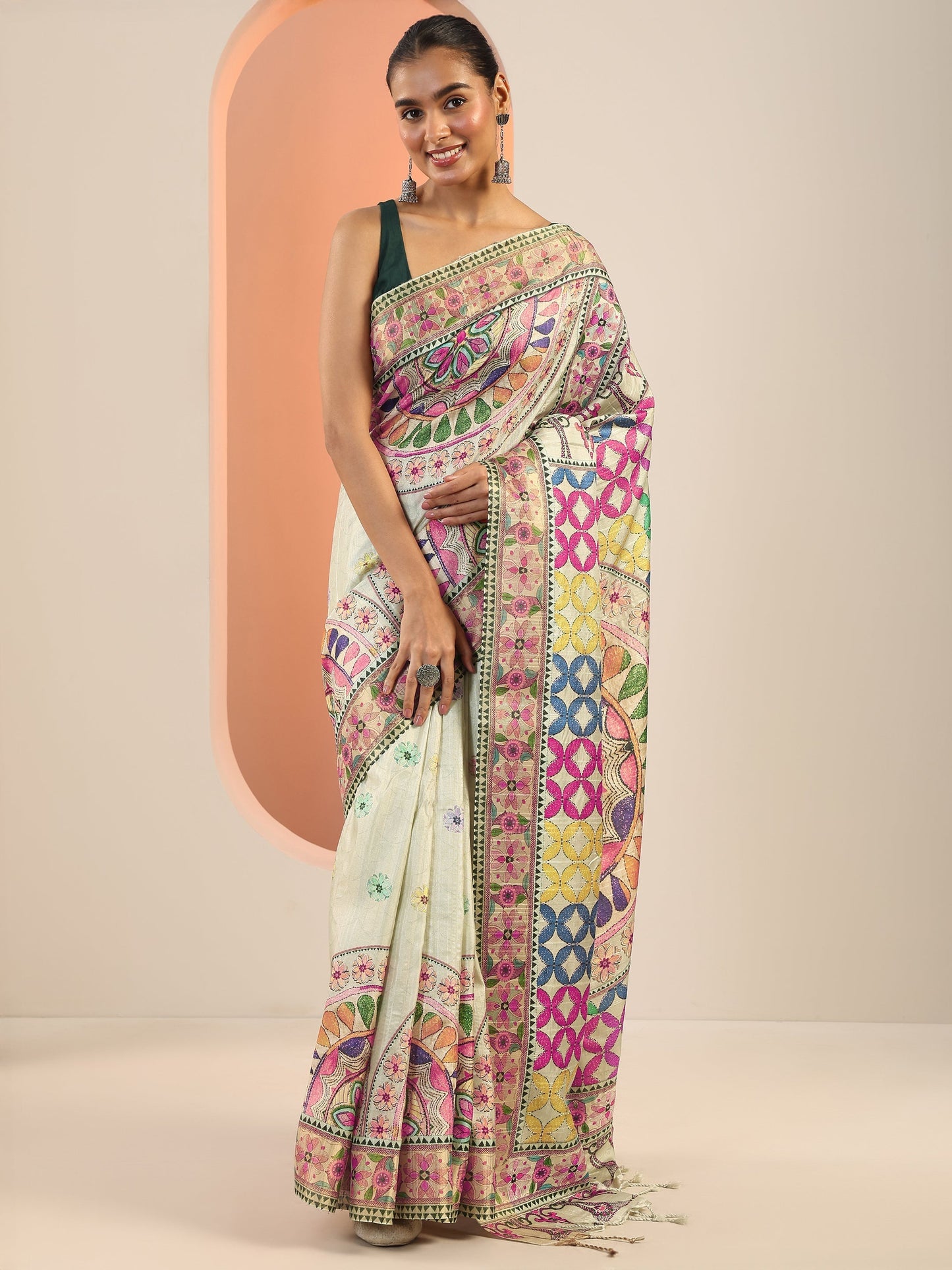 Multi Printed Silk Saree With Unstitched Blouse Piece