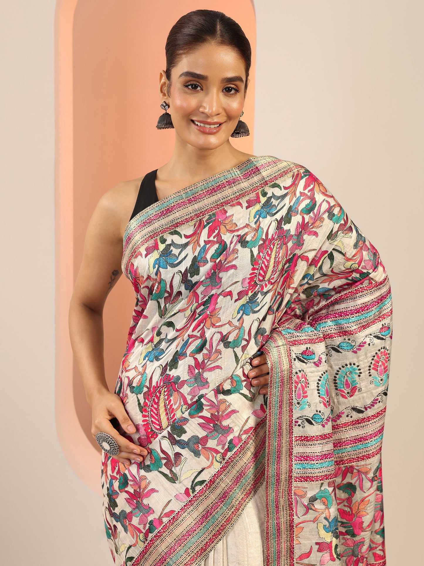 Multi Printed Silk Saree With Unstitched Blouse Piece