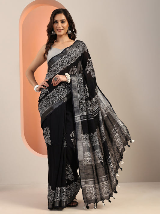 Black Printed Cotton Saree With Unstitched Blouse Piece