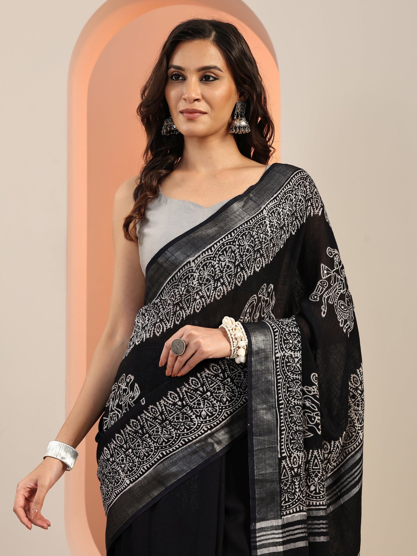 Black Printed Cotton Saree With Unstitched Blouse Piece