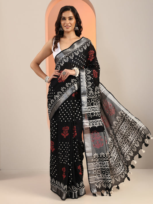 Black Printed Cotton Saree With Unstitched Blouse Piece