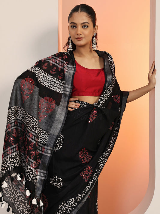 Black Printed Cotton Saree With Unstitched Blouse Piece