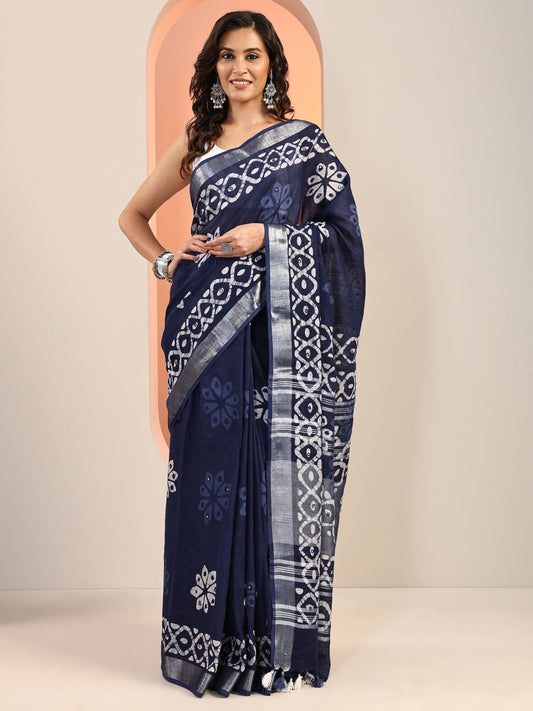 Blue Printed Cotton Saree With Unstitched Blouse Piece