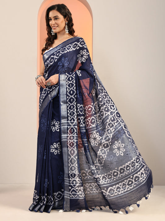 Blue Printed Cotton Saree With Unstitched Blouse Piece