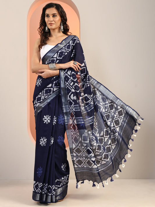 Blue Printed Cotton Saree With Unstitched Blouse Piece