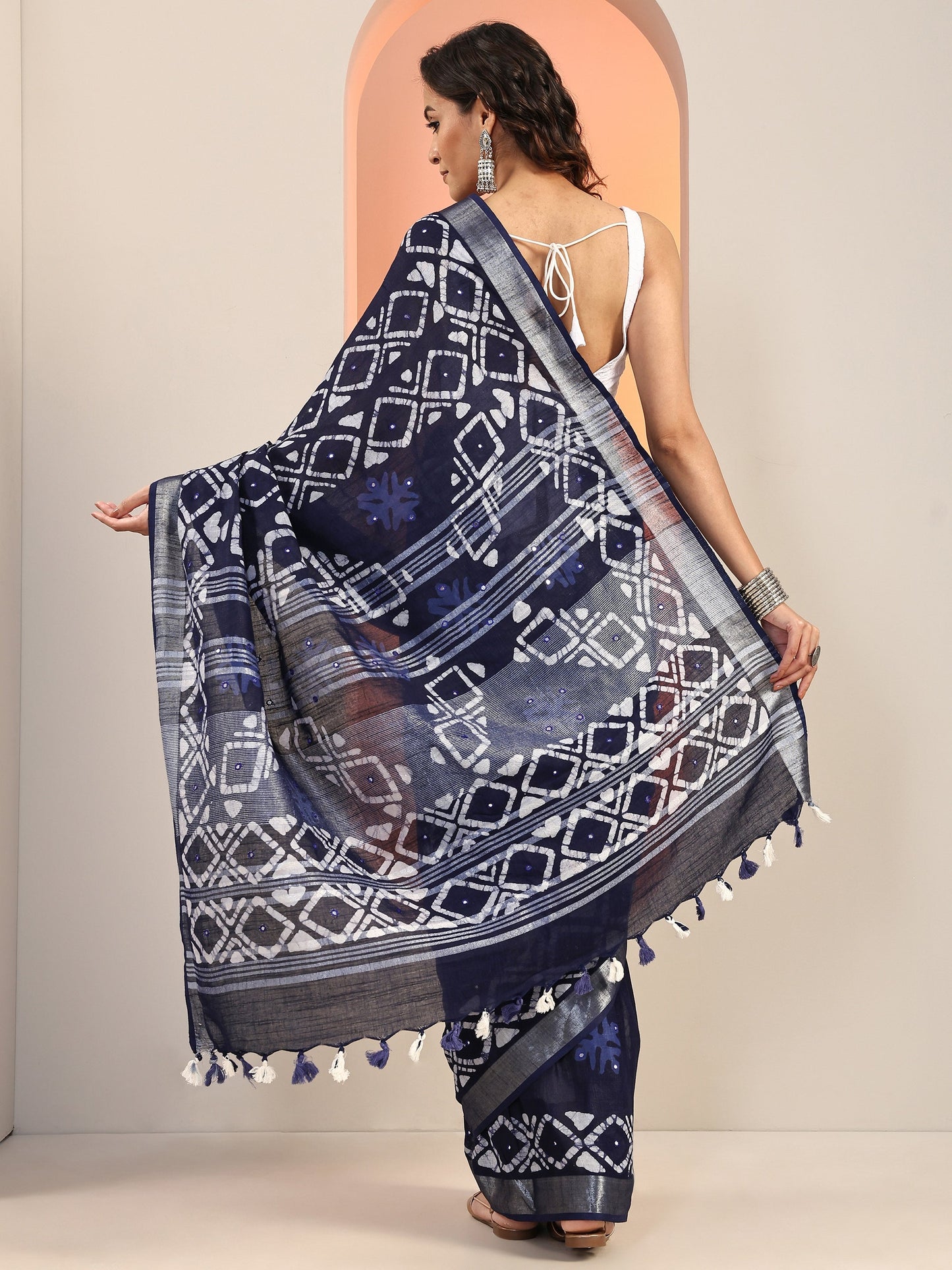 Blue Printed Cotton Saree With Unstitched Blouse Piece
