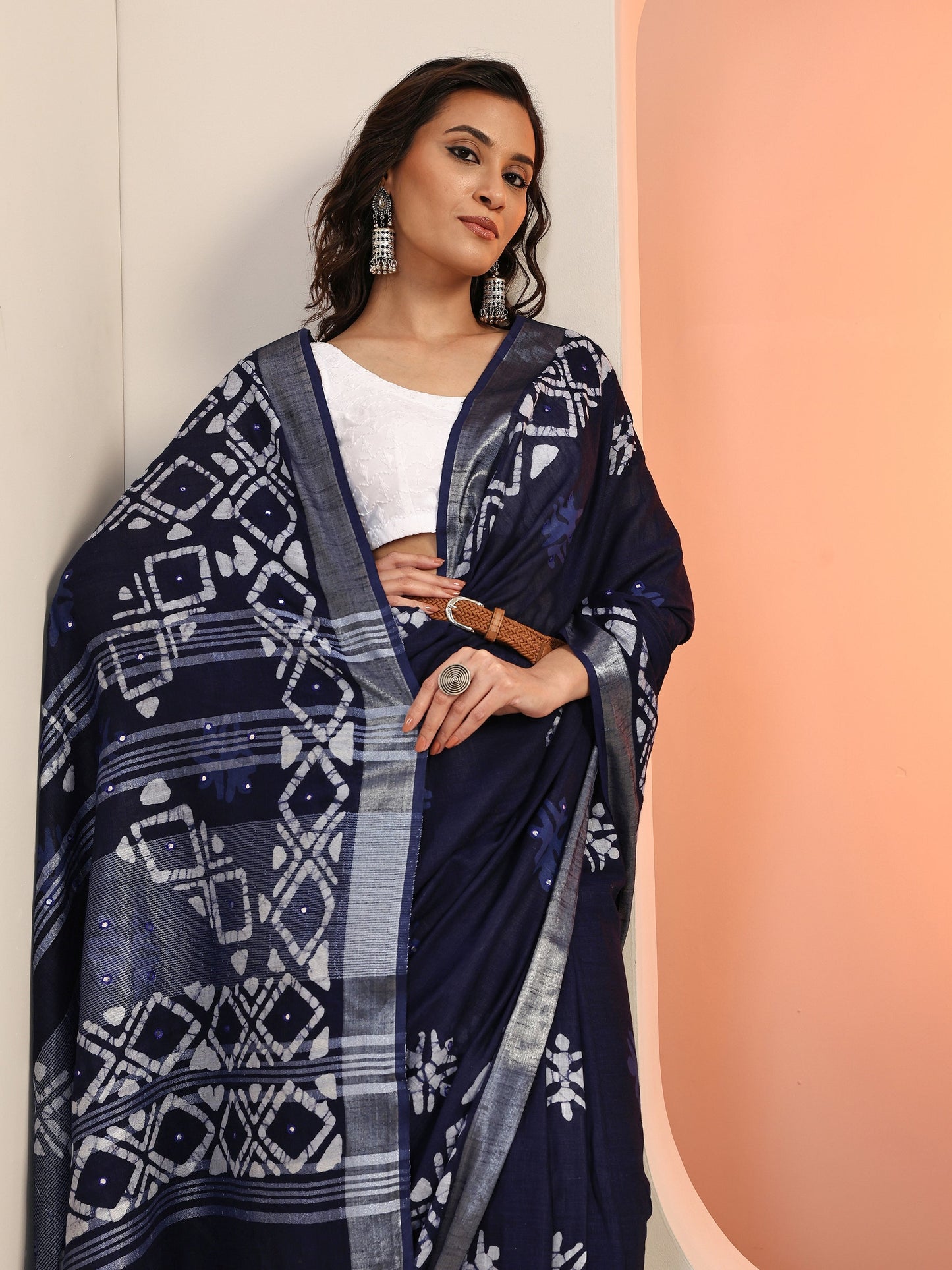 Blue Printed Cotton Saree With Unstitched Blouse Piece