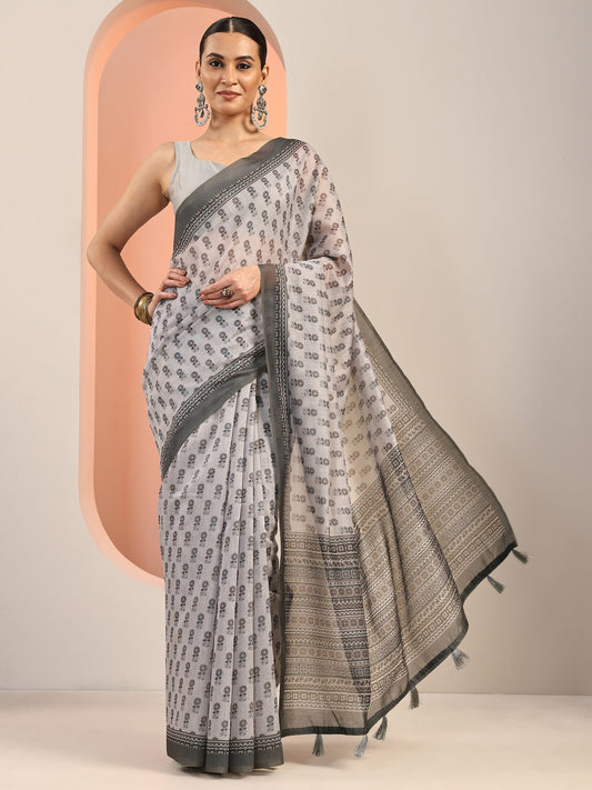 Mauve Printed Silk Blend Saree With Unstitched Blouse Piece