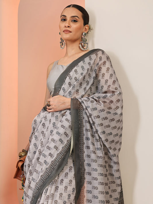 Mauve Printed Silk Blend Saree With Unstitched Blouse Piece