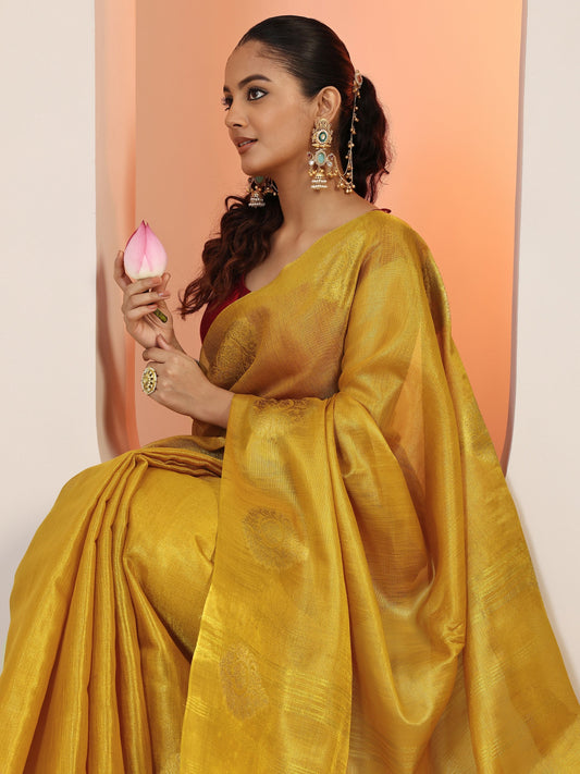 Mustard Woven Silk Blend Saree With Unstitched Blouse Piece