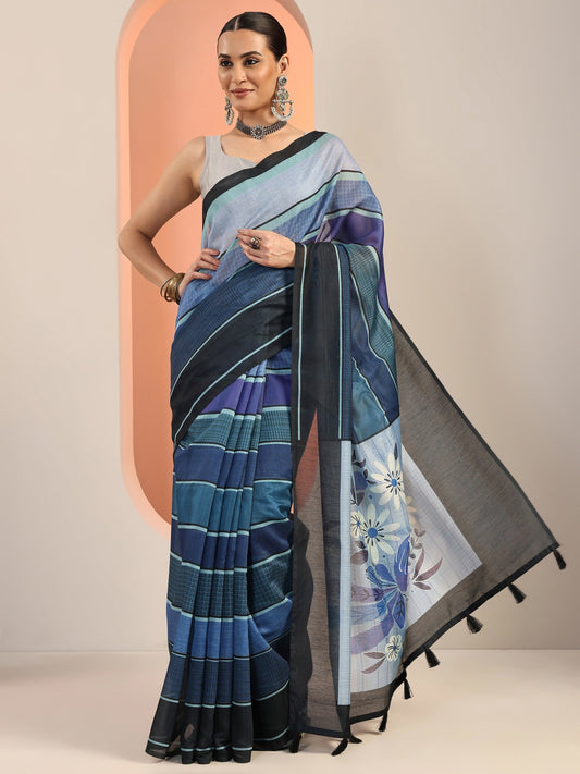Blue Printed Silk Blend Saree With Unstitched Blouse Piece