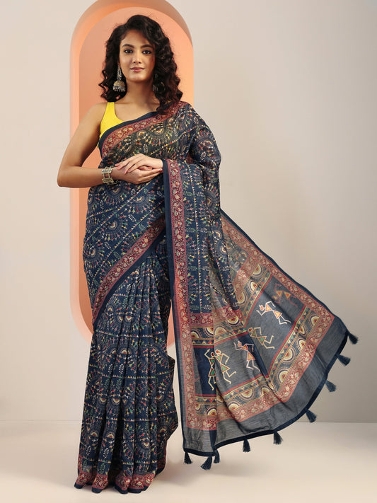Navy Blue Printed Silk Blend Saree With Unstitched Blouse Piece