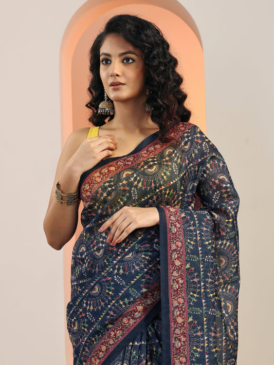 Navy Blue Printed Silk Blend Saree With Unstitched Blouse Piece
