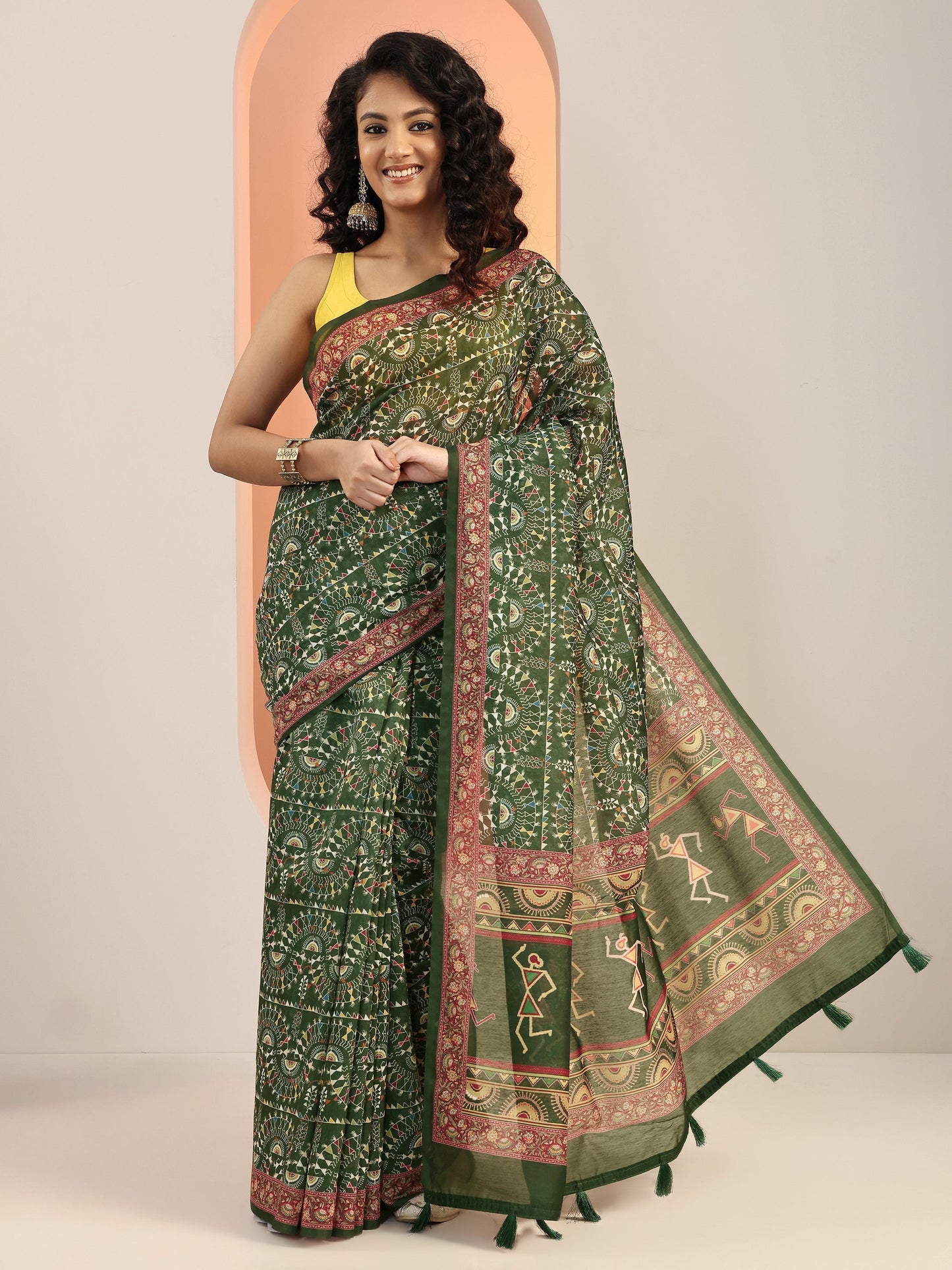 Green Printed Silk Blend Saree With Unstitched Blouse Piece