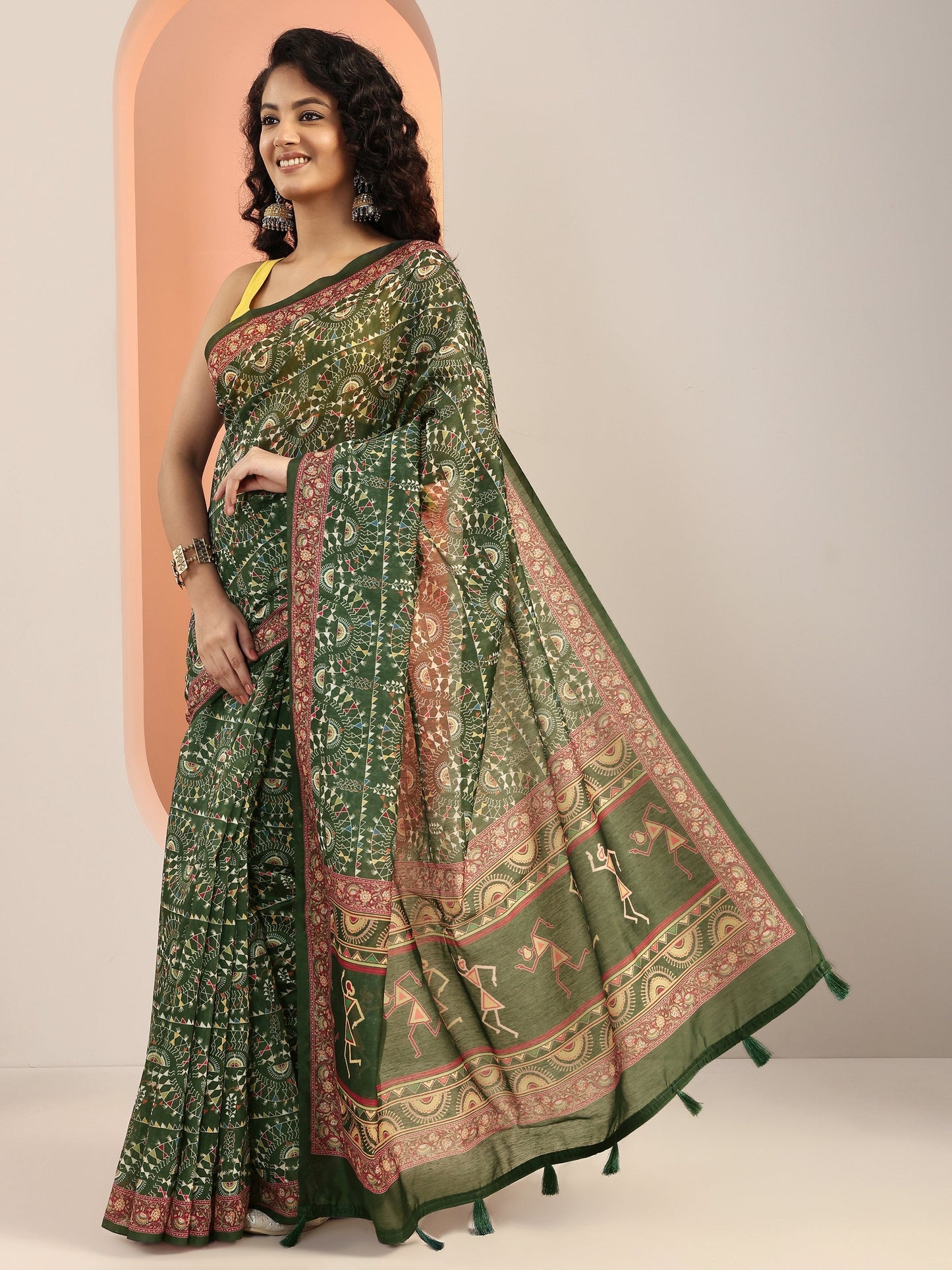 Green Printed Silk Blend Saree With Unstitched Blouse Piece